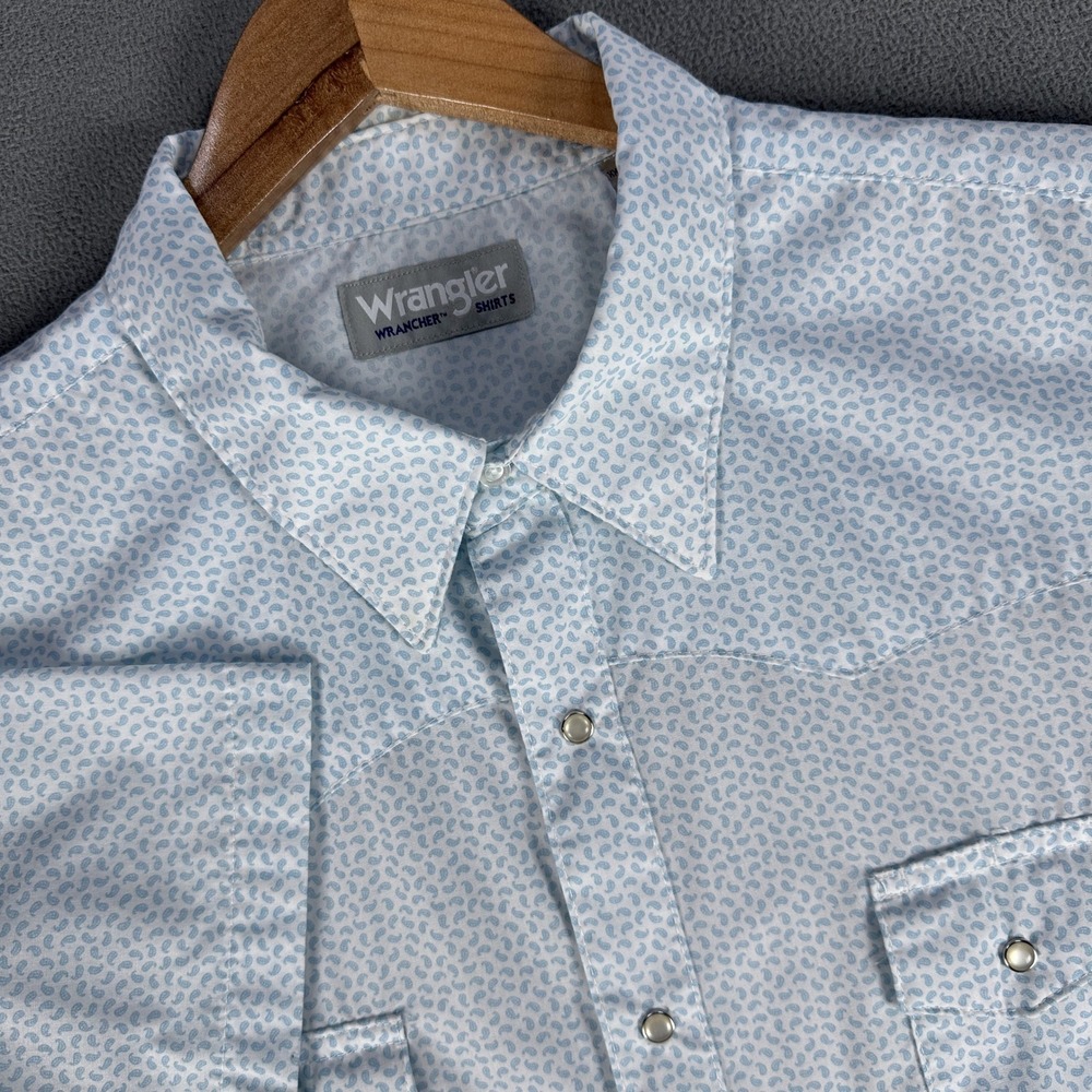Wrangler Pearl Snap Shirt 2XL White Blue Paisley Wrancher Western Cowboy Rodeo